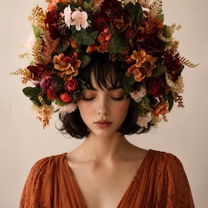 May include: A large, elaborate floral headpiece featuring a dense arrangement of artificial flowers in shades of deep burgundy, burnt orange, cream, and soft pink, accented with green foliage, worn above a rust-colored long-sleeved textured blouse.