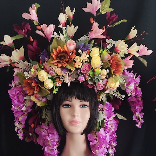 Maternity crown for photoshoot Huge floral headdress Large purple flower crown Fantasy headdress for women