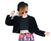French Vintage 70 39 s black velvet jacket Cropped Buttonless Quilted Bomber Jacket Short Coat Oversized Blazer Glam Rock Goth 1970s M L