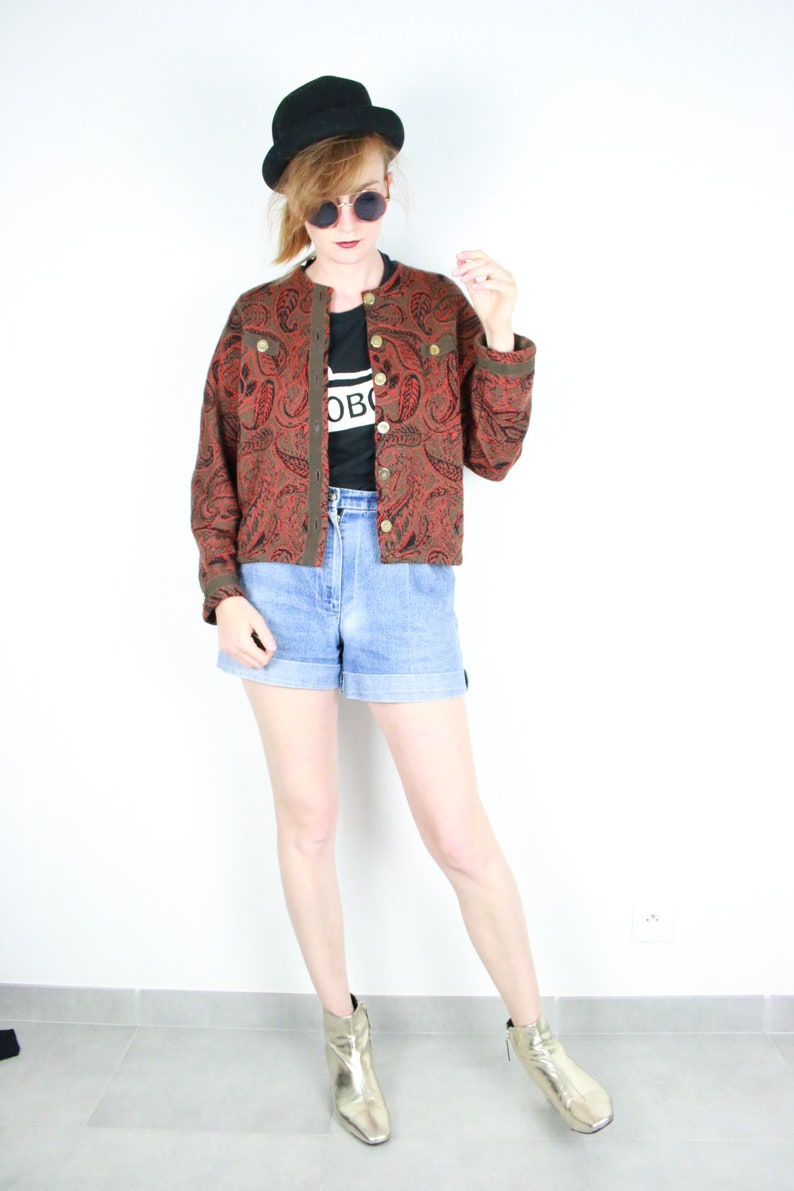 French Vintage paisley wool cardigan brick red gold button down patterned knit sweater tapestry retro boxy pullover jumper size Small