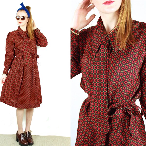 French Vintage Burgundy Graphic Printed Wool Dress Shirt Tie Collar and Belt High Waisted Fall Winter Dress Size Medium Made in France