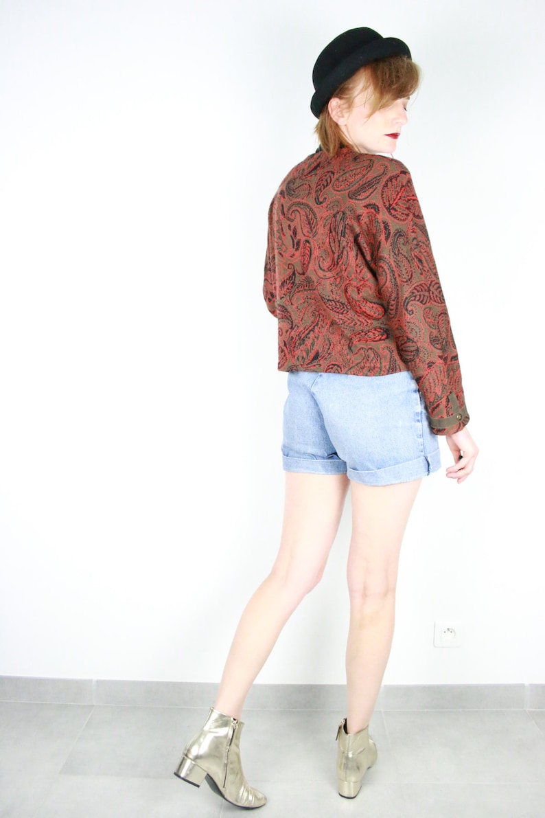 French Vintage paisley wool cardigan brick red gold button down patterned knit sweater tapestry retro boxy pullover jumper size Small