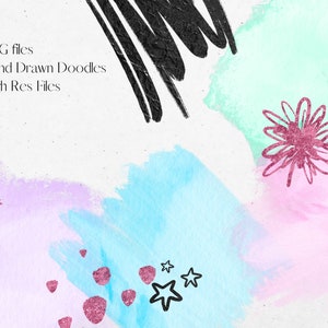 May include: Abstract digital art print with pink, blue, and green watercolor washes. The print features black brushstrokes, a pink flower, and black stars.