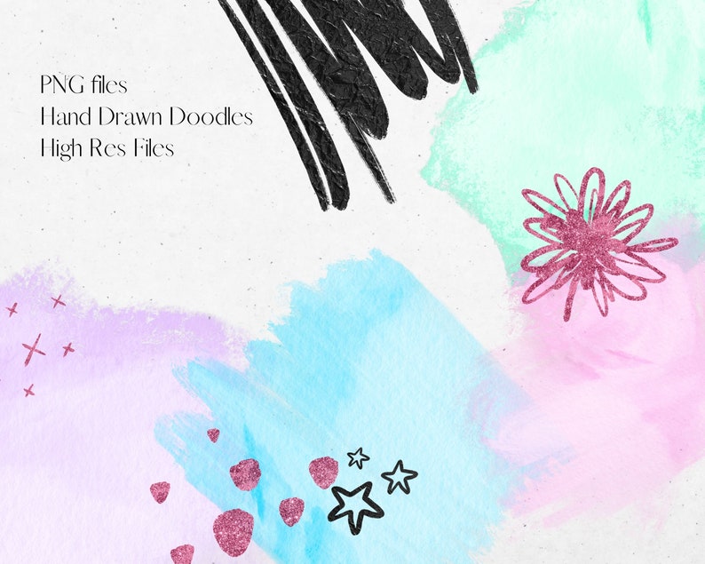 May include: Abstract digital art print with pink, blue, and green watercolor washes. The print features black brushstrokes, a pink flower, and black stars.