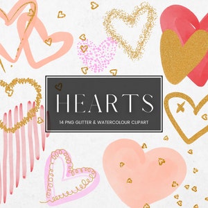 Aquarell und Gold Glitzer Herz Clip Art, Rosa Handgezeichnete Herzen Aquarell Clipart, Transparent PNG Valentinstag Liebe Herzen