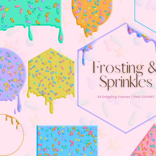 Dripping Frosting Frames with Sprinkles Clipart, Square, Circle Dipping Frame, PNG Rainbow Icing Drips, Birthday Invitation Clipart