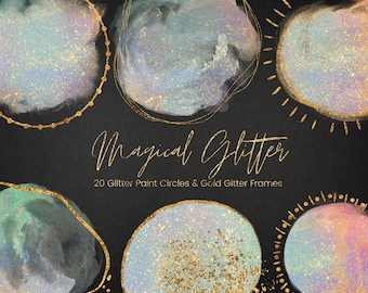20 Rainbow Glitter Paint Clipart, Gold Glitter Circle Frames, Round Watercolour Glitter Paint Overlay, PNG Circle Brushstrokes, Commercial