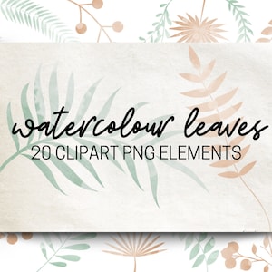 May include: A digital illustration of 20 watercolor leaves in shades of green and brown. The leaves are arranged in a random pattern on a white background. The text "watercolor leaves 20 CLIPART PNG ELEMENTS" is written in black text at the center of the image.