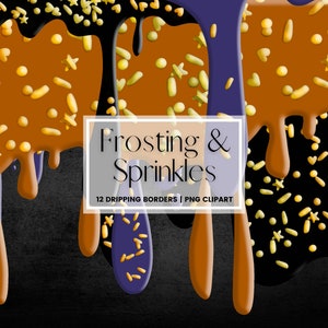 Dripping Frosting with Gold Sprinkles Clipart, Halloween Dipping Borders, Orange, Black, Purple PNG Cake Icing Drips, Invitation Clipart