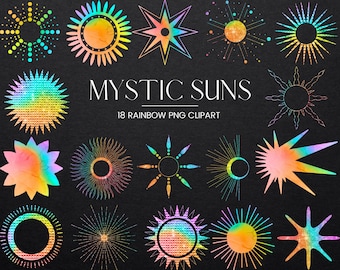 Mystical Rainbow Sun Clipart, Rainbow Foil, Glitter and Metal Bohemian Sun Digital Clip Art, Celestial Zodiac Boho PNG Logo Art