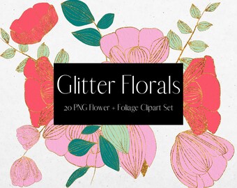 Pink and Red Glitter Flower Clipart, Gold Glitter Flowers, Fine Line Floral, Leaf Clip Art, Goodnotes Digital Planner Stickers, Commercial