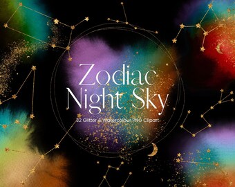 Rainbow Watercolour Zodiac Constellation Clipart, Gold Glitter Zodiac Signs Clipart, Astrology PNG Watercolour Clouds Night Sky, Commercial