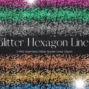 Può includere: Undici linee di bordo di glitter senza cuciture clipart con vari colori, tra cui rosa, verde, argento, rame, oro e blu. Le linee sono fatte di glitter esagonale.