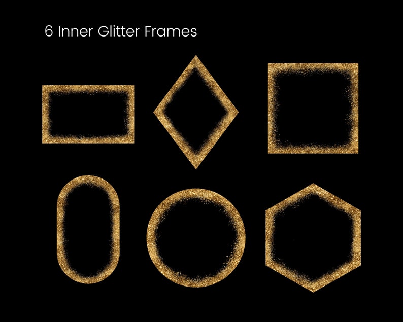 Gold Glitter Frame Clipart Set, Glitter Border Elements, Square, Circle Glitter Border Clip Art, Invitation, Transparent PNG, Commercial Use image 3