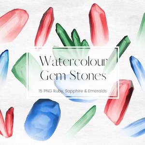 Watercolor Crystal Clipart, Ruby, Sapphire, Emerald Hand Painted PNG Watercolor Gemstone, Transparent PNG Boho Clipart, Celestial clipart