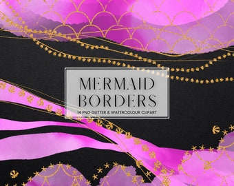 Mermaid Watercolour Border Clip Art, Pink Watercolor Gold Glitter Digital Frames, Transparent PNG Ocean Fish Shell Frames Clipart