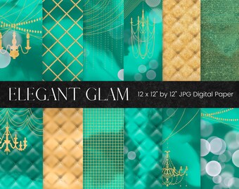 Elegant Glam Digital Paper, Chandelier digital paper, Tufted Gold Glitter Background, Green Watercolor Texture Pattern, Luxury Scrapbooking