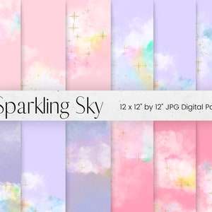 Regenboogwolken digitaal papierpatroon, sprankelende gouden sterren, roze, paarse lucht Scrapbookpapier 12x12, pluizige wolken achtergrondtexturen