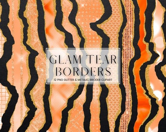 Orange Glam Tear Border Clip Art, Luxury Metallic and Gold Glitter Ripped Border Clipart, PNG Metal Paper Border and Frames