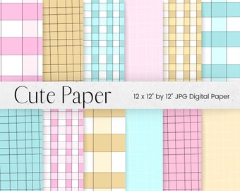 Cute Striped Digital Paper Pattern, Lined Pink Paper Scrapbook Paper 12x12, Blue Gingham Digital Background Texture, Commercial License