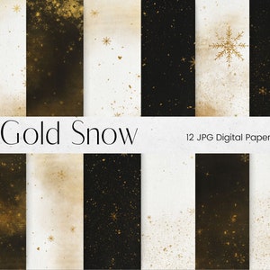 May include: Twelve digital paper files featuring a gold snowflake pattern on a white background, a black background with gold flecks, and a white background with gold flecks.