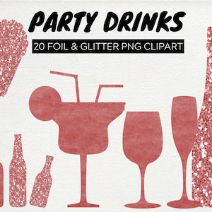 20 Rose Gold and Glitter Alcohol Clipart, cocktail party, wine, champagne, beer, hens stag celebration invitation Transparent commercial use