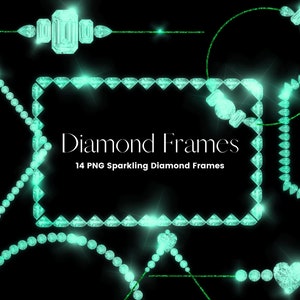 Green Diamond Frame Clipart, Green Diamond Borders Overlay, Glitter Gems Clip Art, Diamond Circle, Square Frames, Commercial Use