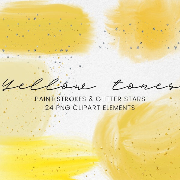 Yellow Watercolor Paint Brushstroke Clipart, Gold Glitter Stars, Silver Glitter Transparent PNG, Paint Brush Sticker Clip Art Commercial Use