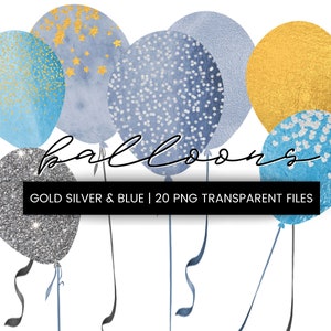 20 Blue Balloons transparent clipart, digital gold balloon, blue, foil, boys birthday invitation, glitter balloons png, commercial use