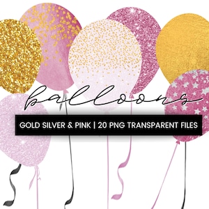 20 Pink Balloons transparent clipart, digital gold balloon, pink, foil, girls birthday invitation, glitter balloons png, commercial use