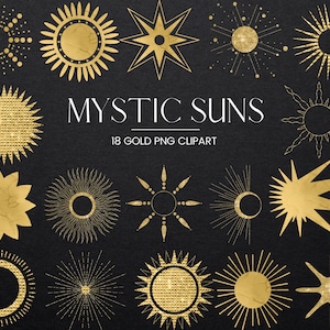 Mistico oro sole Clipart, lamina d'oro, glitter e metallo Boho Sun Digital Clip Art, zodiaco celeste Boho PNG Logo Art, uso commerciale