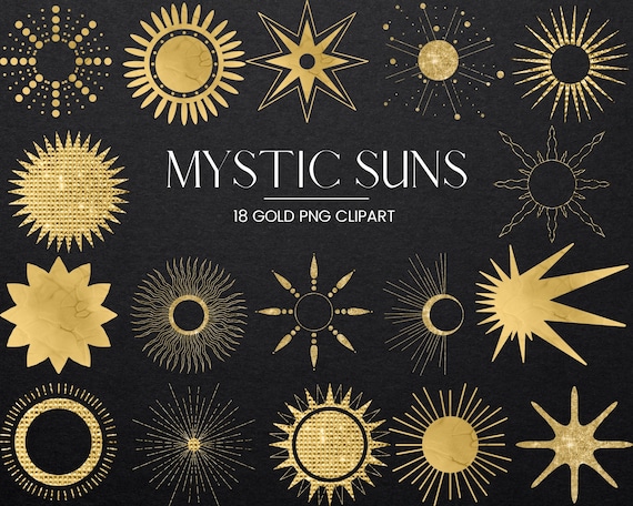 Mystical Gold Sun Clipart, Gold Foil, Glitter and Metal Bohemian Sun Digital Clip Art, Celestial Zodiac Boho PNG Logo Art, Commercial Use