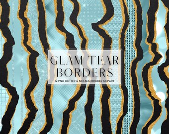 Blue Glam Tear Border Clip Art, Luxury Metallic and Gold Glitter Ripped Border Clipart, PNG Metal Paper Border and Frames