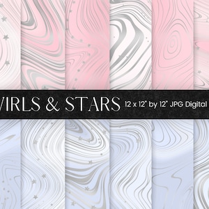 Pode incluir: Um conjunto de 12 papéis digitais com redemoinhos e estrelas em esquemas de cores rosa, branco e azul. Cada papel mede 30,5 cm por 30,5 cm.