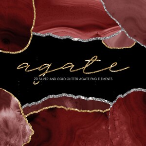 May include: A set of 20 digital clipart images featuring abstract agate shapes with gold and silver glitter accents. The agate shapes are in shades of red and pink on a black background. The text "agate" is written in gold glitter.