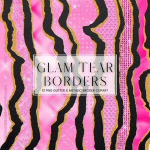 Pink Glam Tear Border Clip Art, Luxury Metallic and Gold Glitter Ripped Border Clipart, PNG Metal Paper Border and Frames