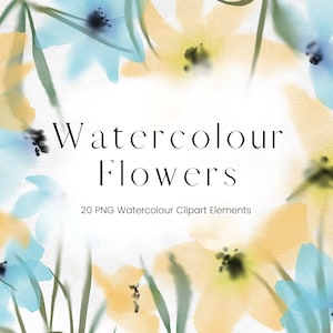 Watercolour Flowers Clipart, Transparent PNG Leaf, Blue and Yellow Floral Clip Art, Greenery Wedding Invitations, Commercial License