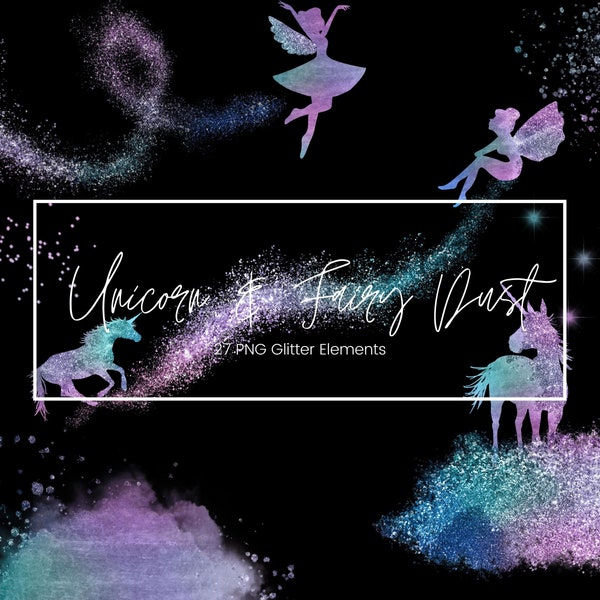 Magical Fairy and Unicorn Glitter Clipart, Pixie Dust Overlay, Transparent PNG Blue Purple Foil glitter, Children Invitation, Commercial Use