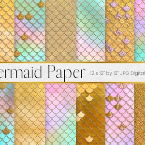 May include: Twelve digital paper designs featuring mermaid scales in gold, turquoise, pink, and iridescent colors. Each design is 12 inches by 12 inches.