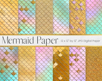 Gold Mermaid Scales Paper Pattern, Rainbow Glitter Scrapbook Paper Pattern, Gold Glitter Fish Scale Background Textures, Commercial Use