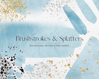 Blue Watercolor Brush Stroke Clip Art, PNG Gold Glitter Splatter, Silver Splashes Clipart, Abstract Watercolor Paint Brushstrokes