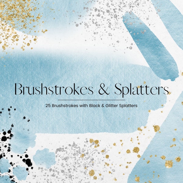 Blue Watercolor Brush Stroke Clip Art, PNG Gold Glitter Splatter, Silver Splashes Clipart, Abstract Watercolor Paint Brushstrokes