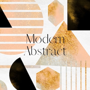 Puede incluir: Formas geométricas abstractas en oro, negro y melocotón sobre un fondo blanco. El texto "Modern Abstract" está en el centro de la imagen.