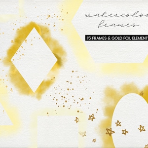 15 Yellow Watercolor and Gold Foil Frame clipart, gold hand painted frames, transparent png frames watercolor invitation, commercial use