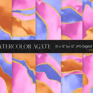 Watercolor Agate Digital Paper, Gold Glitter and Agate Pattern Background, Orange Blue Watercolour PNG Texture, Modern Geode Scrapbook Paper