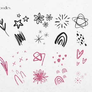 May include: A collection of black and pink hand-drawn doodles, including stars, flowers, rainbows, hearts, and abstract shapes. The doodles are on a white background.