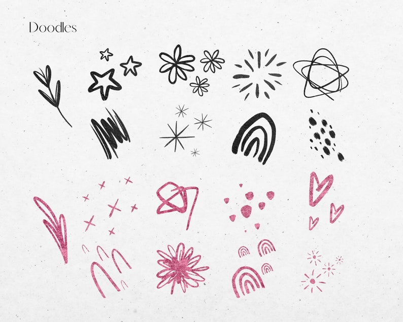May include: A collection of black and pink hand-drawn doodles, including stars, flowers, rainbows, hearts, and abstract shapes. The doodles are on a white background.
