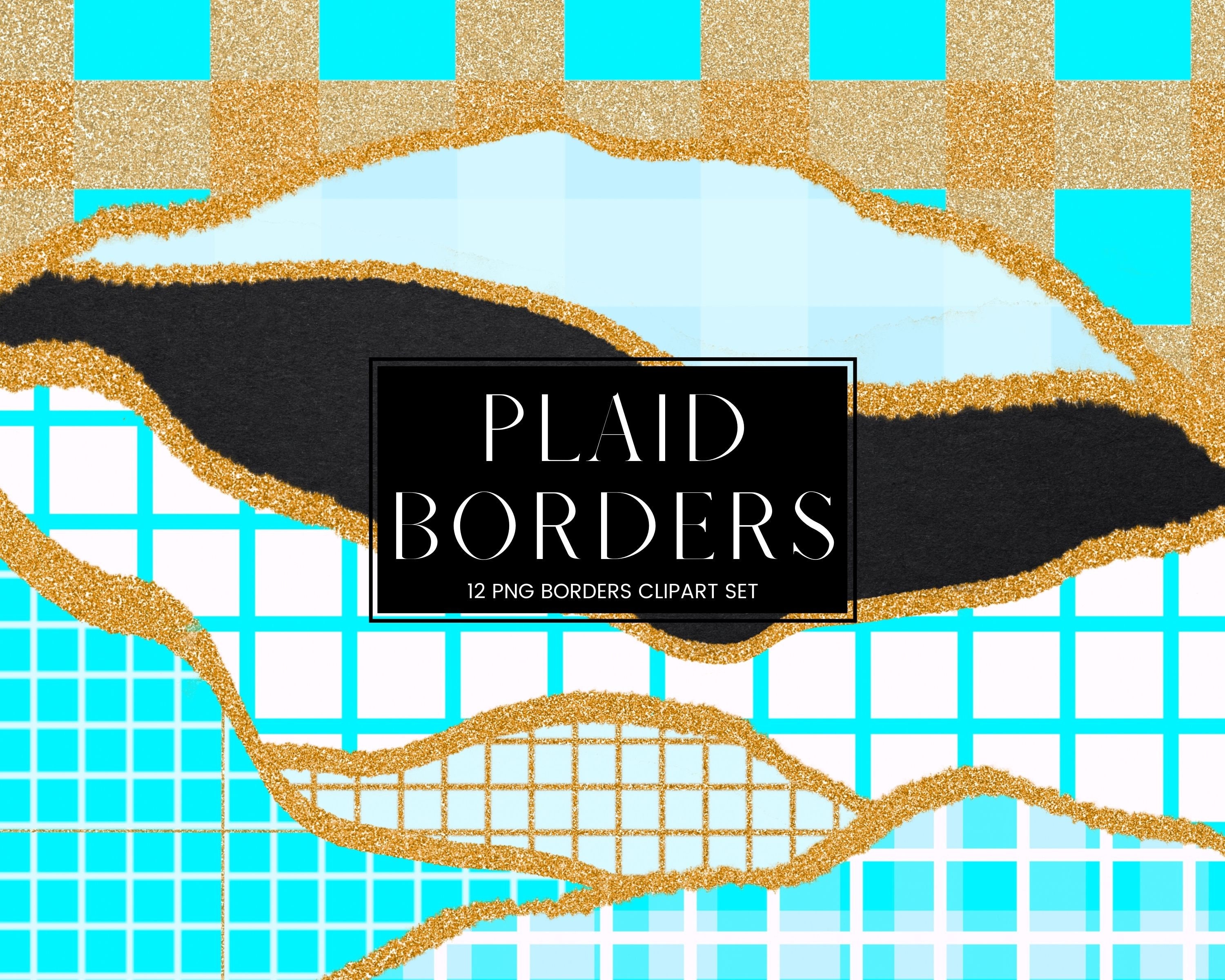 Plaid Border Clipart, Digital Gold Glitter Blue Tartan Pattern Border and Frames, Invitation Holiday PNG Border Divider Clip Art