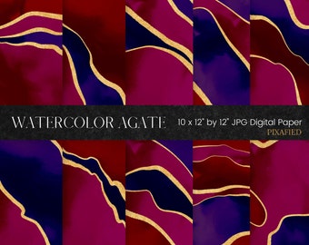 Watercolor Agate Digital Paper, Gold Glitter and Agate Pattern Background , Purple Watercolour PNG Texture, Modern Geode Scrapbook Paper