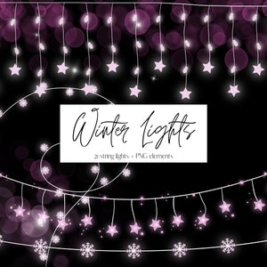 Rosa Winter Lichterkette Clipart, Glühen Lichterkette Clip Art, hängende Sterne und Schneeflocke Weihnachtsbeleuchtung, Girlande Clipart, kommerzielle Nutzung